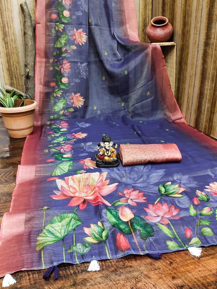 Lo último hermoso sari de tela de algodón con blusa para mujer ropa de festival Foto 1 de 1