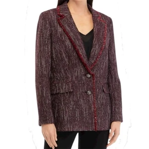 Karl Lagerfeld Paris Tweed Fringe Bouclé Blazer Jacket Burgundy Black 14 NWOT - Picture 1 of 11