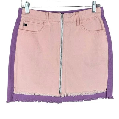 New KanCan Jean Skirt Color Block Purple Pink Denim Full Zip Mini Women's M - Image 1 of 4