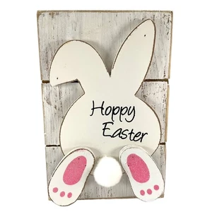 Happy Easter Back of White and Pink Bunny Rabbit Wood Sign Block 6 Inch - Bild 1 von 6