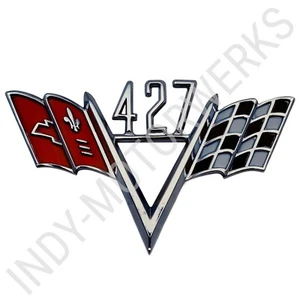 CHEVY GM 427 BANDERA EN V EMBLEMA DE PARED GRANDE COMPLETO 24" X 14,5" BANDERA CRUZADA EMBLEMA DE ACERO - Imagen 1 de 7
