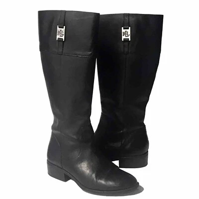Lauren Ralph Lauren Maribel Black Leather Knee High Riding Boots Women Size 7.5B - Изображение 1 из 4