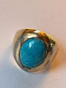 Vintage Wide Goldtone Band w Oval Turquoise Colored Cab Ring Size 10 - top of - Picture 1 of 10
