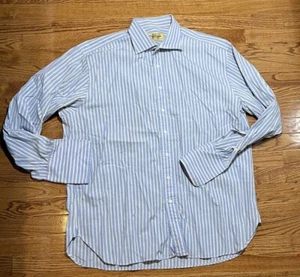 Paul Stuart Shirt Mens 17.5 35 Blue Striped French Cuff Preppy Button Front Tops - Picture 1 of 7