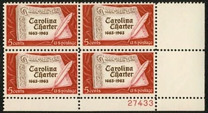 #1230 5c Carolina Charter, Plate Block [27433 LR] Mint **ANY 5=FREE SHIPPING** - Picture 1 of 1