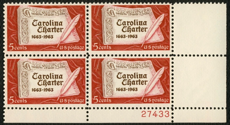 #1230 5c Carolina Charter, Plate Block [27433 LR] Mint **ANY 5=FREE SHIPPING** - Image 1 of 1