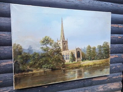HOLLY TRINITY ACROSS THE AVON CHURCH CASTLE ARCHITECTURE UNFRAMED OLD OIL CANVAS - Image 1 of 4
