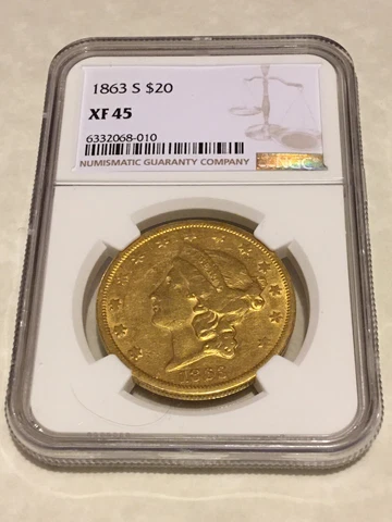 1863-S $20 NGC XF45 Liberty Double Eagle Gold Coin Civil War very nice (no PCGS) Cover