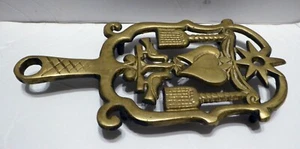 Vintage Wilton Brass Trivet Hearts Brooms Love Birds 9" x 4-1/4" - Picture 1 of 5
