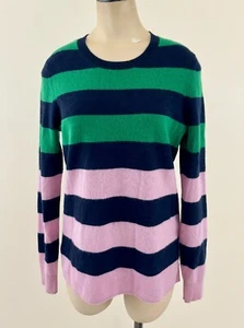 SAKS FIFTH AVENUE 100% CASHMERE Womens Medium Pink Navy Green Stripe L/S Sweater - Picture 1 of 7