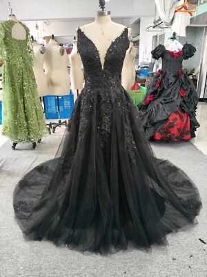 Real Picture Gothic Glitters Black Wedding Dresses with Court Train V Neck - Image 1 of 4