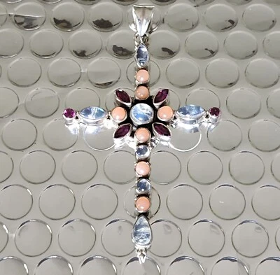 Nicky Butler 925 Sterling Silver Pink Opal Moonstone Rhodolite Cross Pendant NB - Image 1 of 4