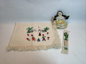 Vintage Mexican Folk Art Hand Embroidered Cloth & Book Mark Cloth Doll - Picture 1 of 5