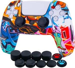PS5 Controller Skin Case W/ 10 Thumb Grips - Comic Graffiti Silicone Cover - Picture 1 of 12