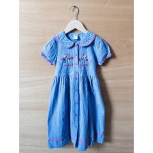 April Cornell Girls Dress Blue Gingham Floral Embroidered Peter Pan Collar 5/6 - Picture 1 of 4