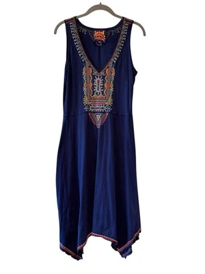 Vestido Johnny Was Azul Marino Bordado Boho Columpio Pañuelo Dobladillo Talla Pequeña Foto 1 de 4