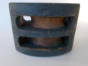 Antica Puleggia Blocco Corda Doppia Dipinta Blu Lignum Vitae Covone 7"Lx5 1/4"x5"H - Foto 1 di 6
