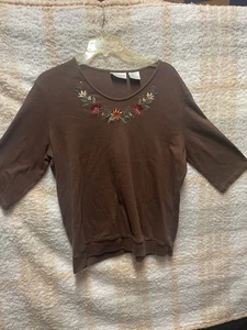 Elisabeth Williams Woman’s Large Blouse 3/4 Length Sleeve Embroidery Fall Flower - Picture 1 of 7