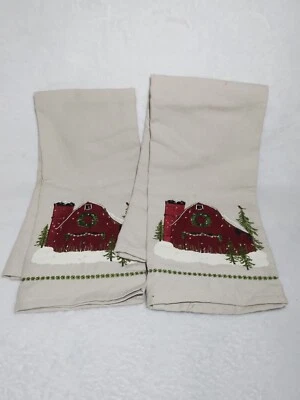 Juego de toallas de plato de mano de Navidad nevado granero bordado campo granja lino Foto 1 de 3