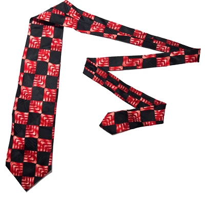 Hugo Boss Tie Men's Red/Black Color Blocks 100% Silk Necktie Handmade In Italy - Image 1 of 4