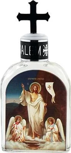Cross Topped Glass Holy Water Bottle With Resurrection of Christ Icon Image 5 In - Picture 1 of 5