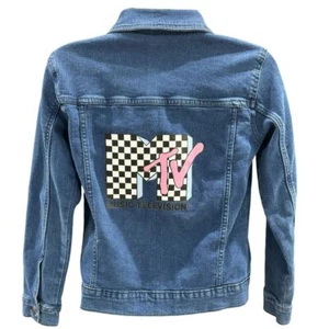 MTV Logo Denim Jacket Kids Large 10-12 80s Retro Music Video Costume Jean Patch - Picture 1 of 5