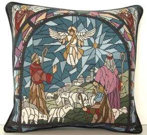 Nativity  - Angels, Shepherds, Sheep, Town,  In Stain Glass, Tapestry Pillow New - Picture 1 of 11