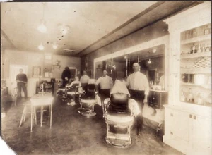 Occupational BARBER SHOP 4 Chairs Interior Cabinet Card VINTAGE PHOTO 6 x 8 - Picture 1 of 3