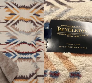 Pendleton White Sands Southwest Aztec Cream Red Blue Sherpa Throw Fleece Blanket - Picture 1 of 14