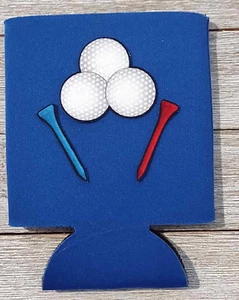 Golf Balls & Tees Can Koozie Fabric Applique Collapsible Foam Beer Soda  - Picture 1 of 1