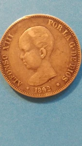 SPAIN 5 PESETAS 1892 PGM(92)KM689 RARE - Picture 1 of 2