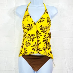 NWT Playa by La Blanca Women's Medium yellow with brown flowers bathing suit - Picture 1 of 11