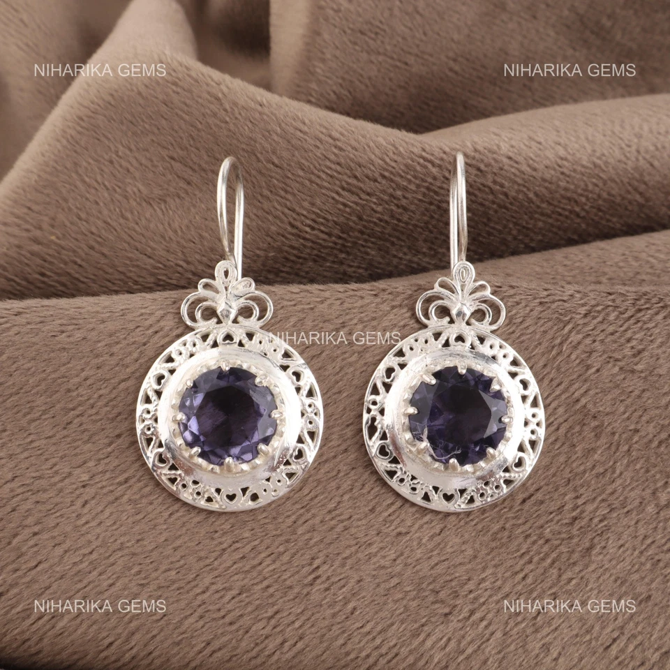 Redondo Natural Iolita 925 Plata de Ley Cumpleaños Gancho Colgante Elegante - Imagen 1 de 4