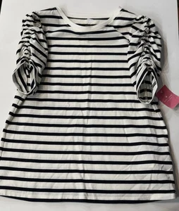 Kate Spade Women S White Black Stripe Ruched Sleeve T Shirt Top Blouse Cotton - Picture 1 of 6