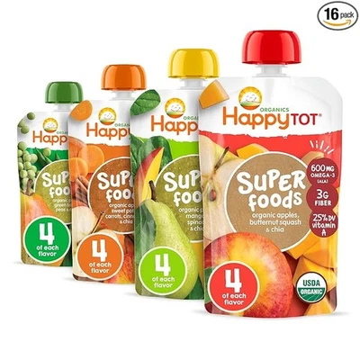 Bolsas de comida para bebés Happy Tot Organics etapa 4, sin gluten, bocadillo vegano, Superfoo Foto 1 de 4