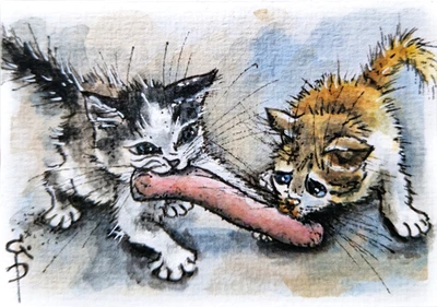 ACEO Gato Pintura Lindos Gatitos Comiendo Salchicha Amigos Original Acuarela Arte Foto 1 de 3