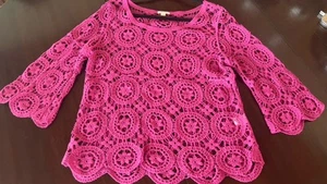 Ultra Pink Top Womens Large Magenta Open Crochet Knit 3/4 Bell Sleeve Scoopneck - Picture 1 of 10