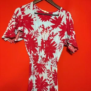 Abel The Label XS Maxi Dress Floral Red Blue Rayon Button Front High Low Hem - Picture 1 of 8