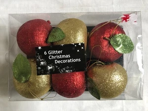 Set of 6 Large Red Gold Glitter Apples Christmas Tree Baubles Ornaments - Picture 1 of 4