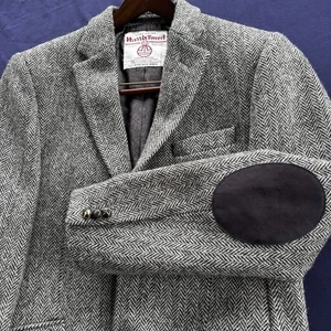 Harris Tweed Herringbone Wool Blazer 40L Handwoven Elbow Patches Sport Coat - Picture 1 of 20
