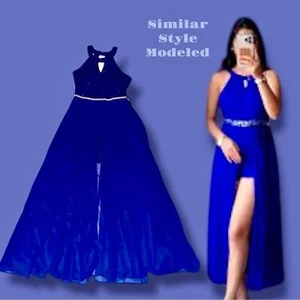 Bow Dream Cobalt Blue High Neck Rhinestone Maxi Romper Dress Girl’s Size 14 NWOT - Picture 1 of 16