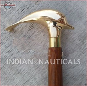 Solid Brass designer wooden walking cane dolphin handle walking stick nautical - Picture 1 of 2