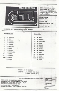 Manchester City Reserves v Aston Villa Reserves 1986/7 (31 Mar) Central League - Picture 1 of 1