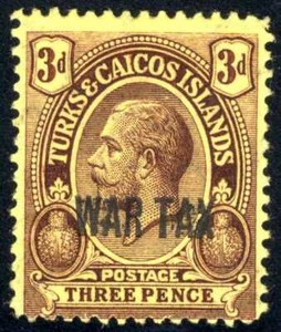 1917 Turks & Caicos Island War Stamp Opt. SC#MR2 A1O 3p Vio Yel MHOG - Picture 1 of 2