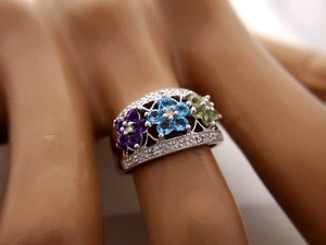 14k White Gold Round Multi-Gemstone Flower Ring 0.80 CT - Picture 1 of 6
