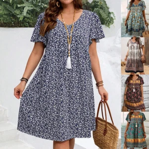 Ladies Boho Holiday Floral Dress Summer Casual Baggy Short Sleeve Plus Size 6-24 - Picture 1 of 18