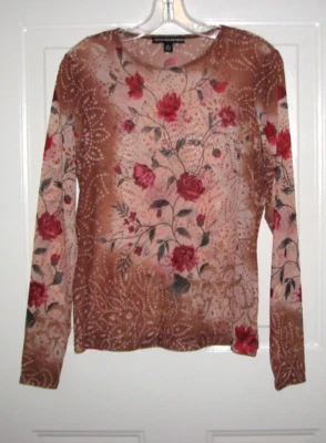 Camiseta Company Ellen Tracy manga longa tatuagem malha floral transparente - Média / M - Imagem 1 de 4