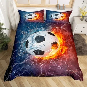 Football Comforter Cover,Soccer Sports Abstract Ice and Fire Art Design,Teens... - Picture 1 of 7