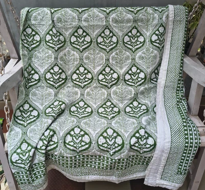 Indian Green White Floral Throw Kantha Quilt Hand Block Print King Bedspread Art - Image 1 of 4