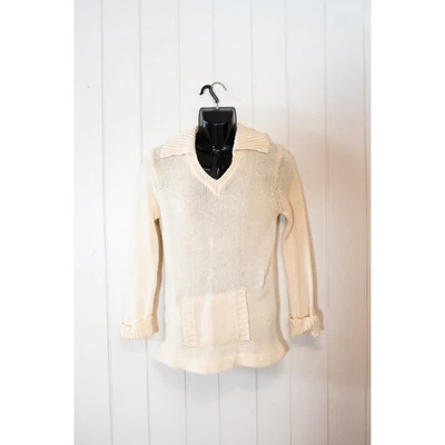 Vintage 70s Men's Cream Sweater, V Neck Knit Tunic, Pocket Hippie Boho, Small - Image 1 of 4